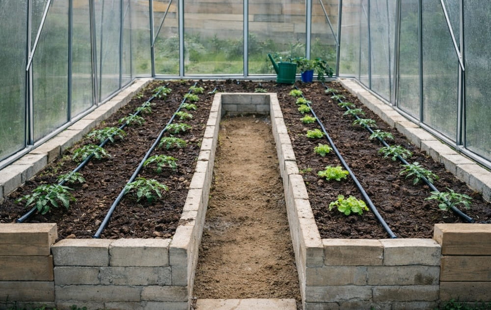 Zavlažování zeleniny ve skleníku pomocí kapkové hadice s integrovanými kapkovači