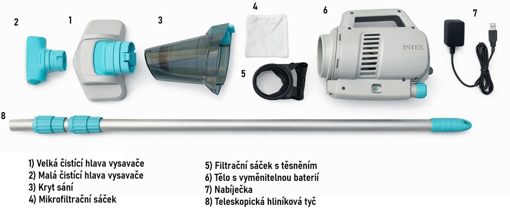 AKU bazénový vysavač Intex ZR200 – přehled částí a příslušenství