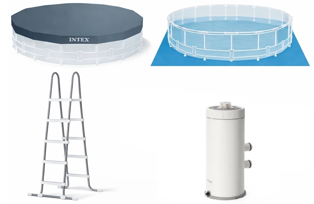 Obsah balení bazénového setu Intex – filtrace, žebřík, kryt a podložka