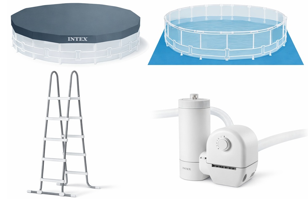 Obsah balení bazénového setu Intex – filtrace, žebřík, kryt a podložka