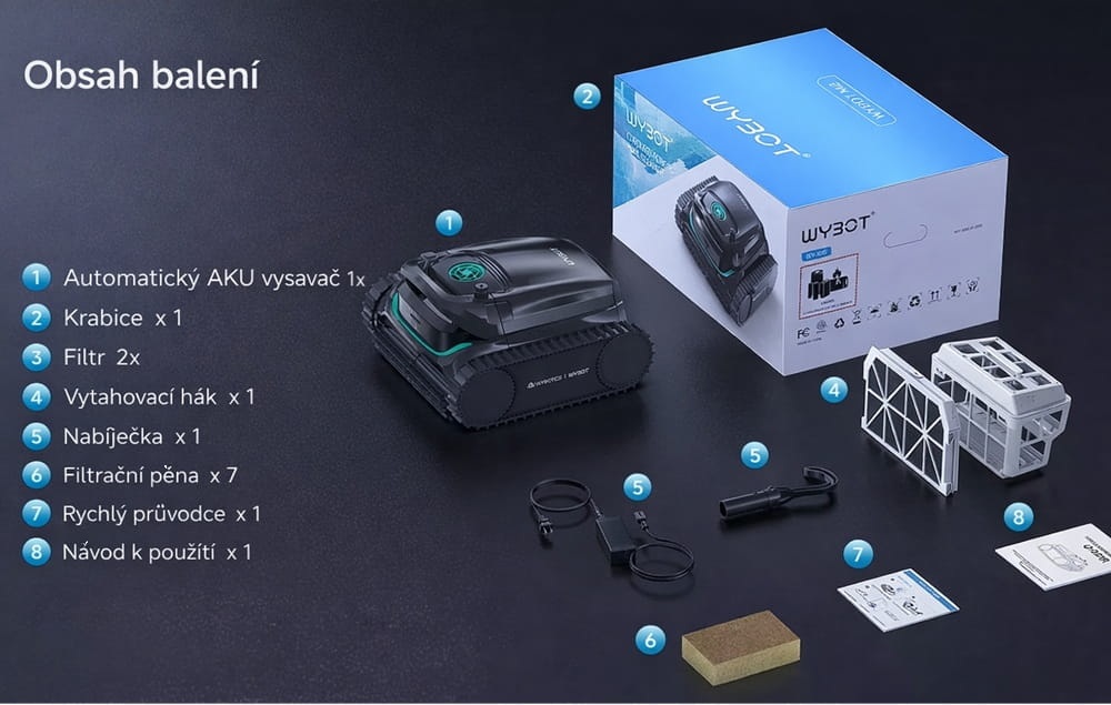 Obsah setu bazénového vysavače Wybot M2 Vision - vysavač, filtr, vytahovací hák, filtrační pěna, návod