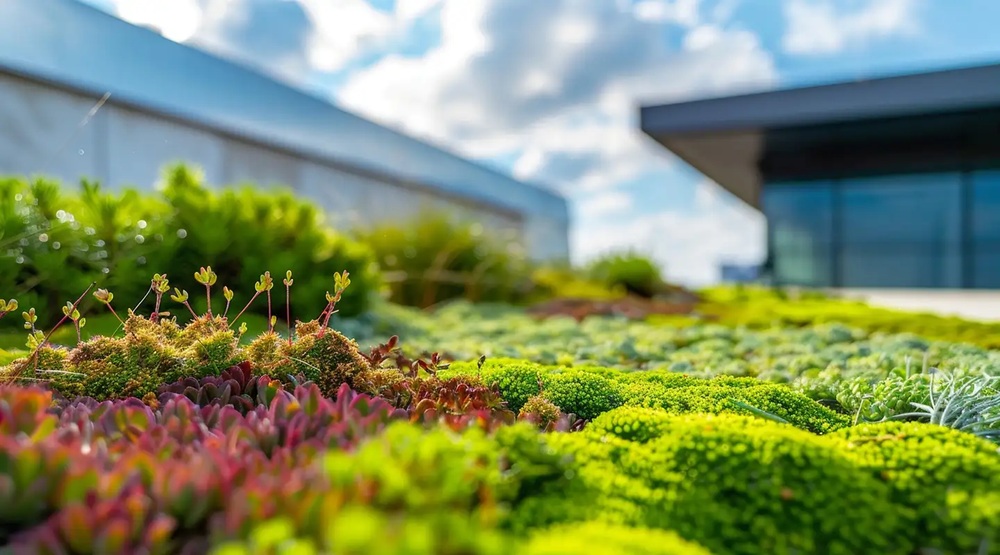 Extenzivní zelená střecha se sukulenty a rozchodníky na moderní budově