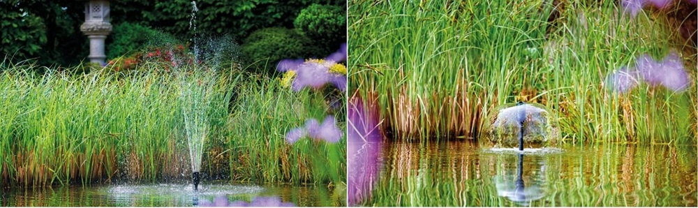 Fontánové trysky Oase Vulkan a Lava v provozu – dekorativní vodní efekty v zahradním jezírku s rostlinami a přírodním okolím