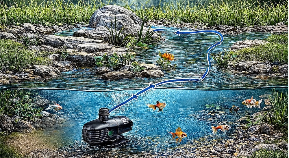 Schéma čerpadla Hailea T5000 s průtokem vody k vodopádu a filtraci v zahradním jezírku