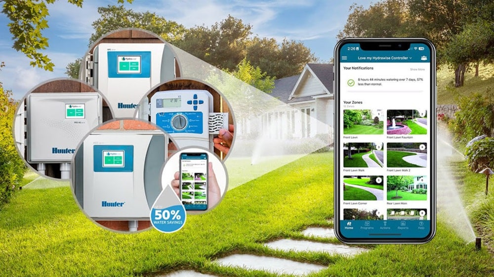 Inteligentní zavlažovací systém Hunter Hydrawise – moderní ovladače s Wi-Fi připojením a mobilní aplikací pro efektivní správu závlahy a úsporu vody.