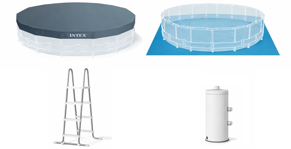 Obsah balení bazénového setu Intex – filtrace, žebřík, kryt a podložka