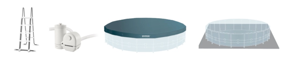 Obsah balení bazénového setu Intex – filtrace, žebřík, kryt a podložka