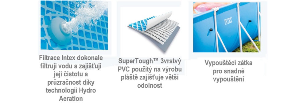 Technologie bazénů Intex – Hydro Aeration, SuperTough PVC a vypouštěcí zátka