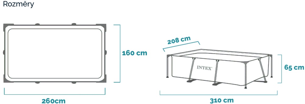 Rozměry bazénu Intex Rectangular Frame 260 x 160 x 65 cm