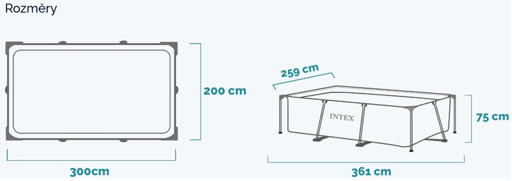 Rozměry bazénu Intex Rectangular Frame 300 x 200 x 75 cm