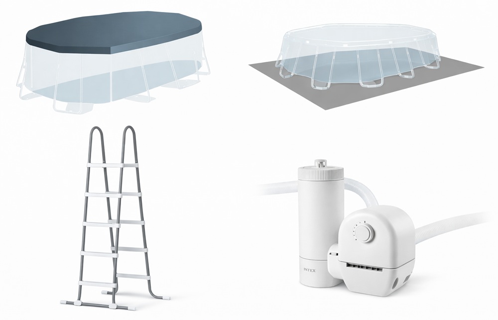 Obsah balení bazénového setu Intex – filtrace, žebřík, kryt a podložka