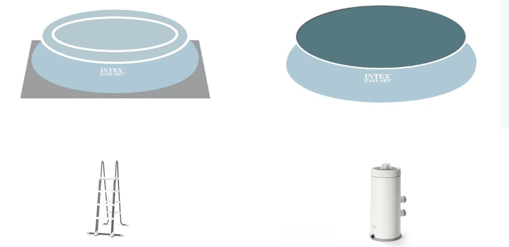 Obsah balení bazénového setu Intex – filtrace, žebřík, kryt a podložka