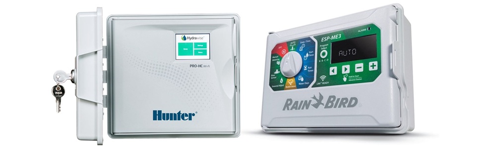Ovládací jednotky zavlažovacích systémů Hunter a Rain Bird – moderní řízení automatické závlahy přes Wi-Fi s možností programování podle počasí.