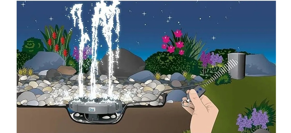 Dálkové ovládání fontánového čerpadla Oase Water Quintet – regulace výšky vodního efektu a LED osvětlení v zahradní fontáně