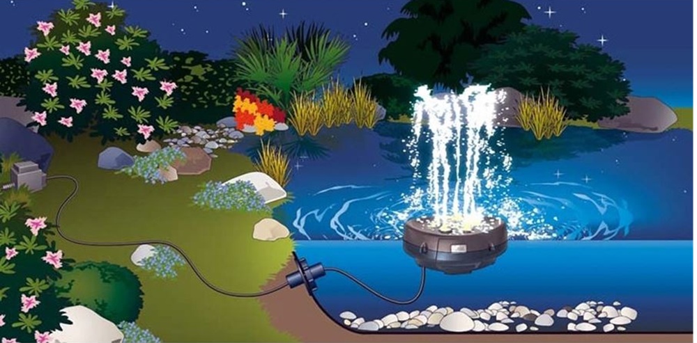 Schéma instalace plovoucí fontány Oase Water Starlet v zahradním jezírku s nočním osvětlením a propojením na napájení