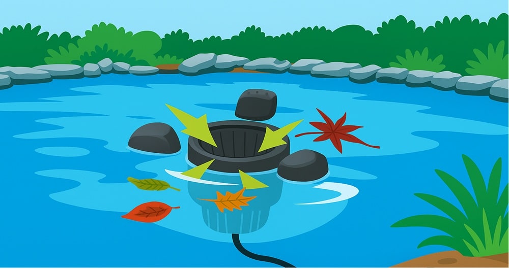 Plovoucí jezírkový skimmer sbírající listí a nečistoty z hladiny