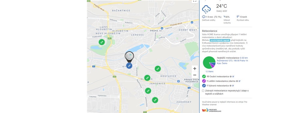 Mapa s přehledem lokálních meteostanic pro systém Valve HOME s aktuálními informacemi o teplotě, srážkách a větru.