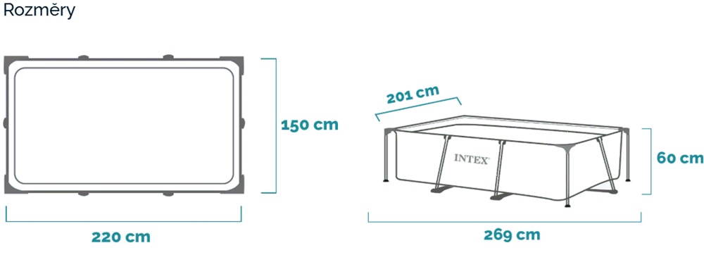 Rozměry bazénu Intex Rectangular Frame 220 x 150 x 60 cm