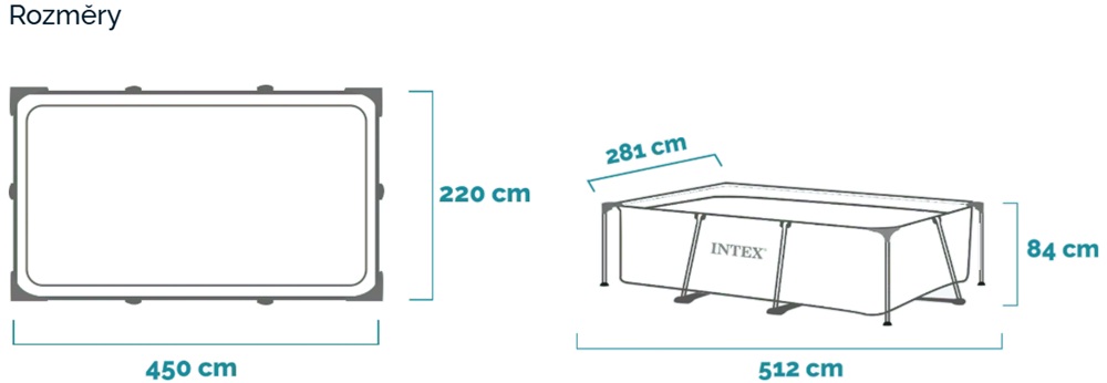 Rozměry bazénu Intex Rectangular Frame 450 x 220 x 84 cm