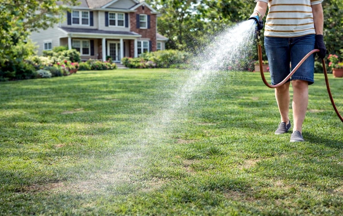 Ruční zalévání trávníku zahradní hadicí na zahradě rodinného domu