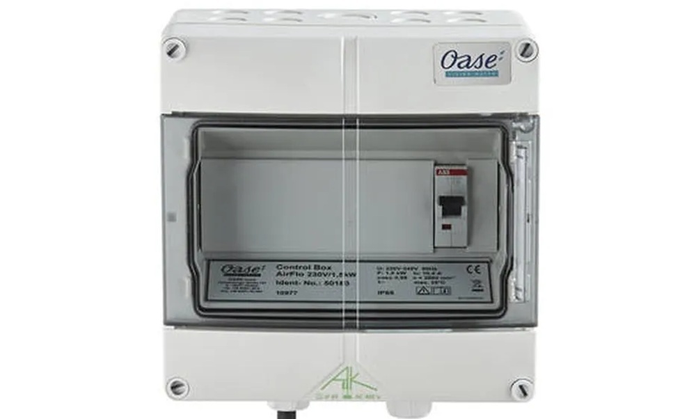 Ovládací skříňka Oase AirFlo 1,5 kW 230 V pro řízení fontánového čerpadla, vybavená jističem a průhledným krytem s ochranou IP68