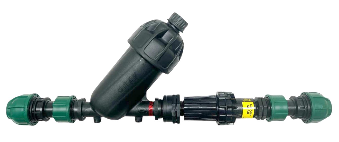 Zapojení sitkového filtru AZUD společně s regulátorem tlaku Rain Bird PSI na potrubí PE 25 mm