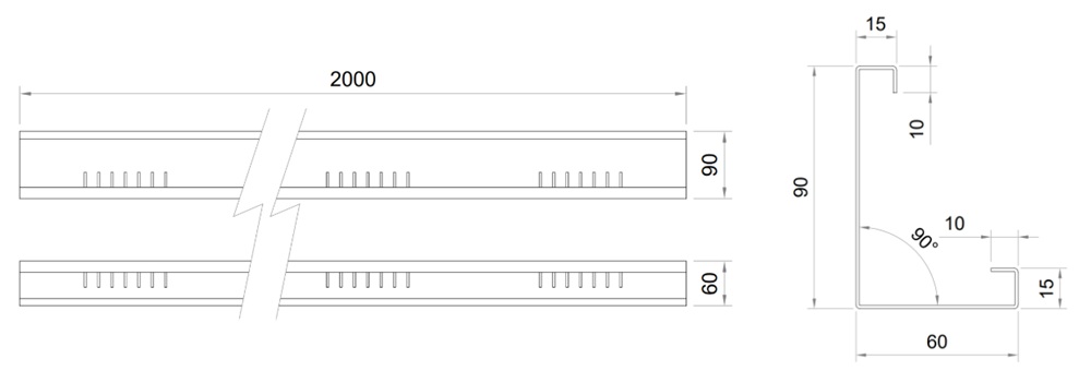 Technický výkres hliníkového okrajového profilu SP AL 90/60 s rozměry 2000 × 90 × 60 mm pro zelené střechy a zahradní konstrukce