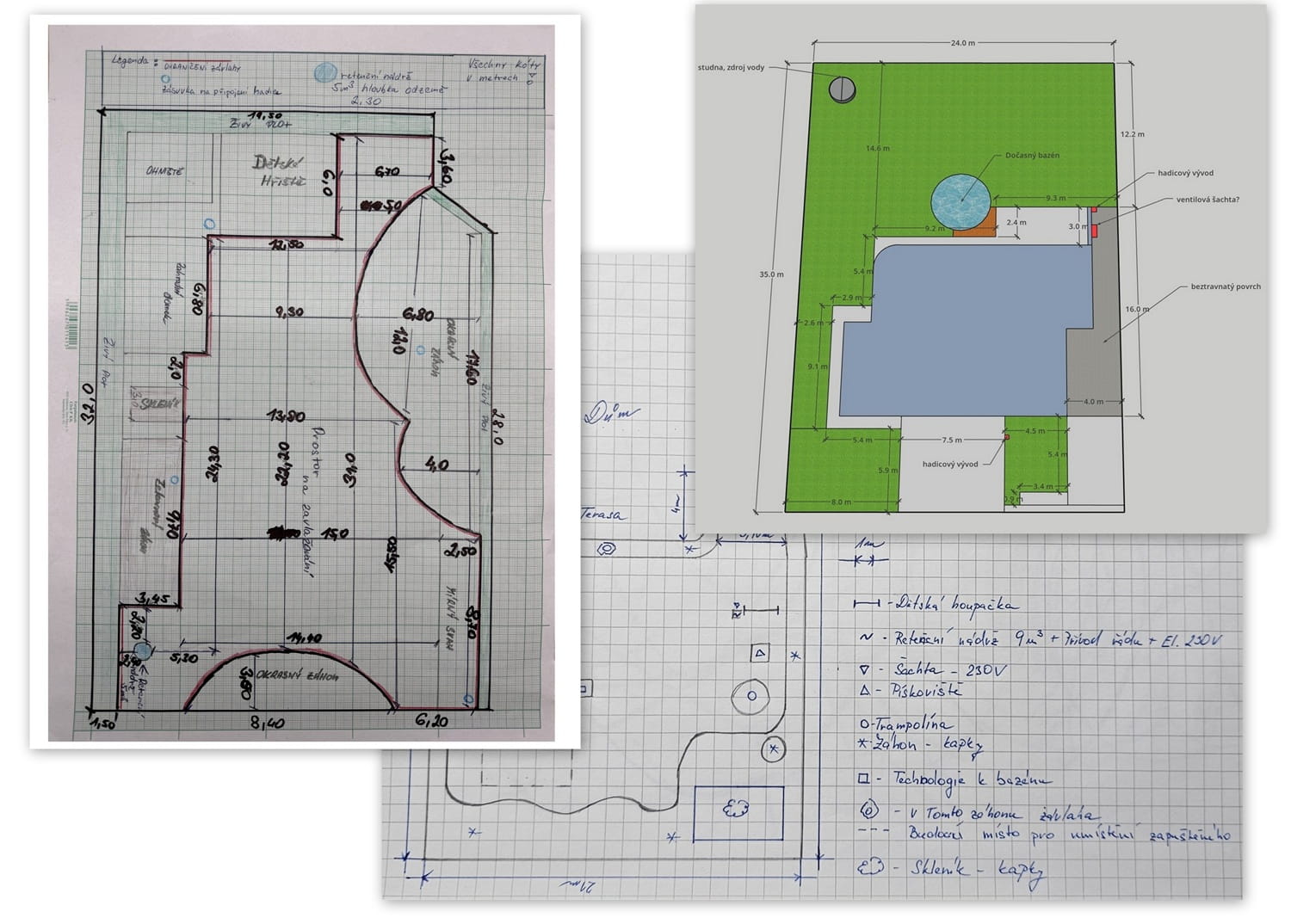 Ruční náčrt pozemku sloužící jako podklad pro vypracování projektu zavlažovacího systému