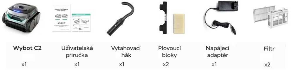 Obsah balení robotického vysavače WYBOT C2 - filtr, koš, nabíječka, hák